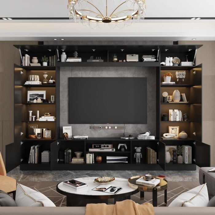 114" Large Wall Unit Entertainment Center with Bookshelves, Lights and 18 Shelves, Modern 4-Piece TV Stand Media Console Table with Bridge Cabinet for Living Room & Home Theater, Black - Image 3