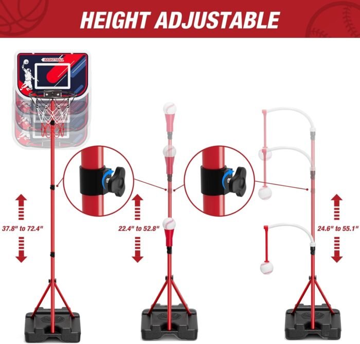 4 in 1 Kids Basketball Hoop and Tball Set for Toddlers 3-5, Adjustable Hanging Tee Ball Stand with Automatic Pitching Machine, Indoor Outdoor Sport Toys Christmas Birthday Gifts for Boys Girls - Image 3
