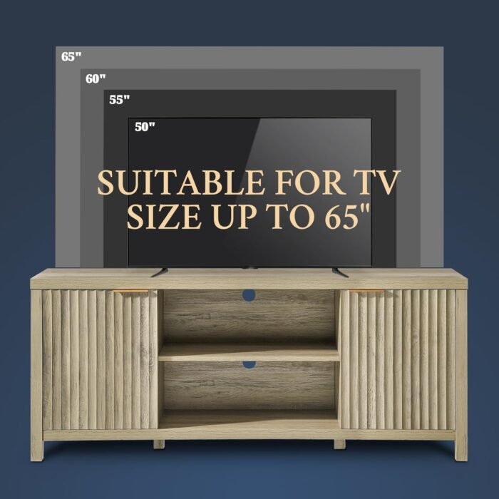 Fluted TV Stands for Living Room, Heavy Duty Entertainment Center with Storage, Mid Century Modern Television Stands for 50/55/60/65 TV, Oxford Media TV Console (Medium,Sunwashed Ash Oak) - Image 4