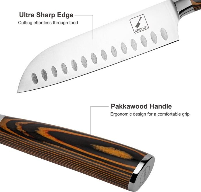 imarku Santoku Knife, 7 inch Kitchen Knife Ultra Sharp Cooking Knife Japanese Chef Knife - German HC Stainless Steel 7Cr17Mov - Ergonomic Pakkawood Handle, Christmas Gifts for Women/Men, Orange - Image 3