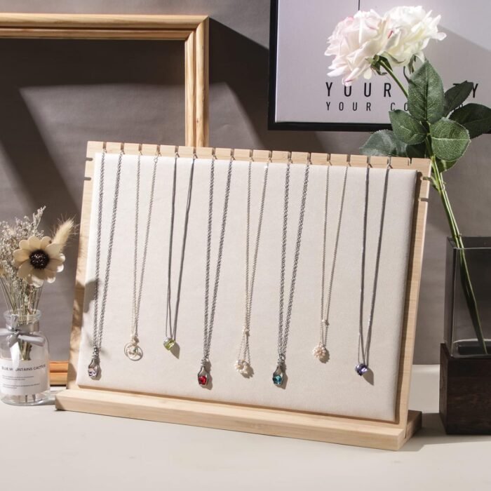 Bamboo Big Necklace Display Stand, Pendant Necklace Wood Jewellery Holder, Chain Jewelry Rack Organizer, Tabletop Display Boards for Home or Shop Sell Show (Beige Velvet) - Image 3