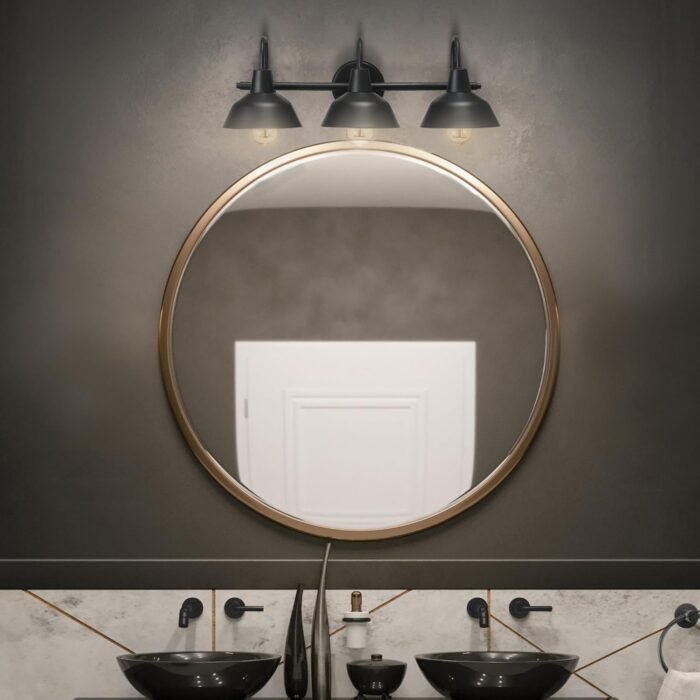 Globe Electric 65554 Barnyard 3-Light Vanity Light, Matte Black, White Interior Shades - Image 2