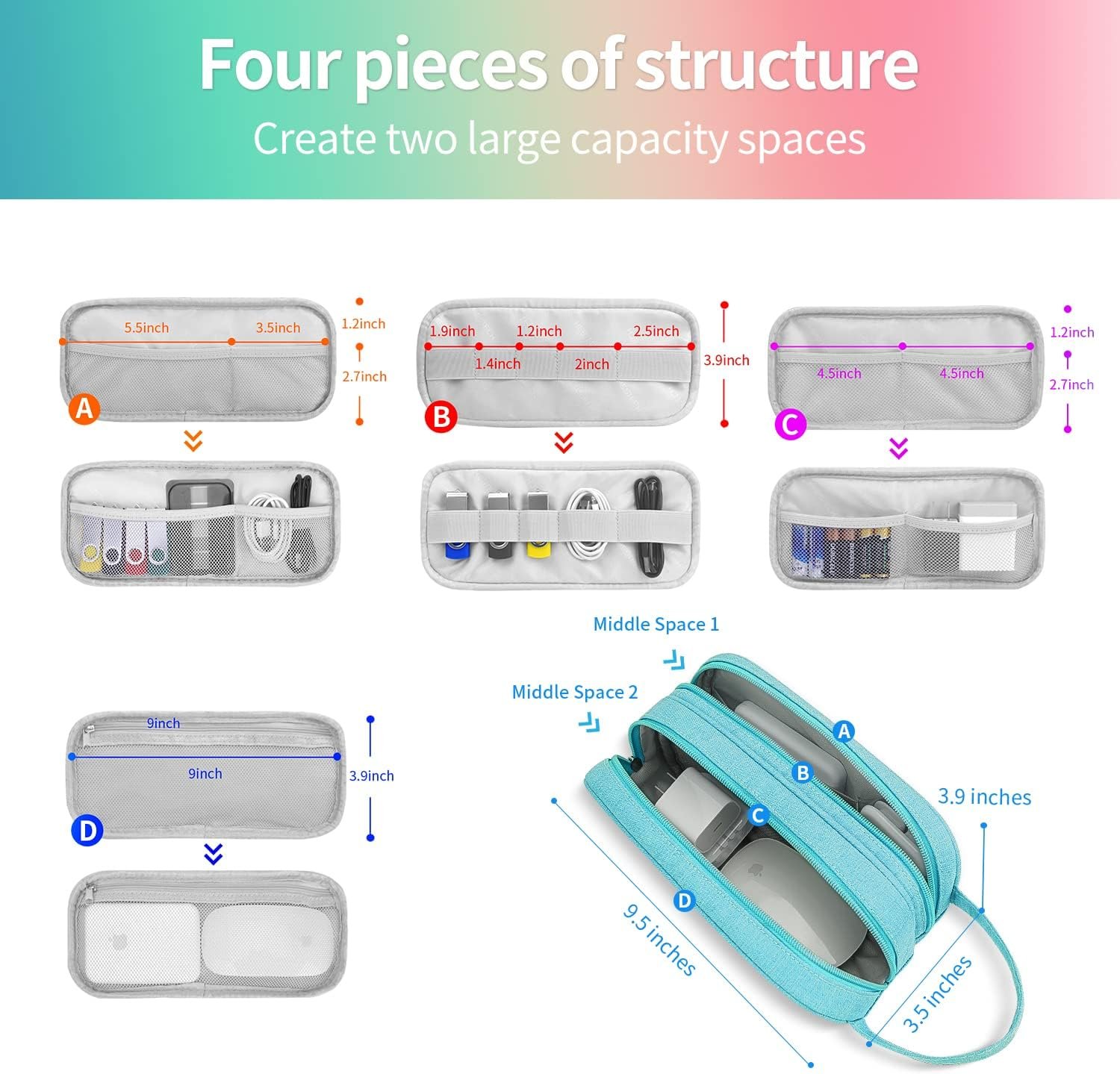 HESTECH Electronics Organizer Travel Charger Case Cord Cable Organizer Bag Portable Waterproof Double Layers All-in-one Storage for Charger Mouse Earbud USB Drive (Teal, Medium) - Image 3