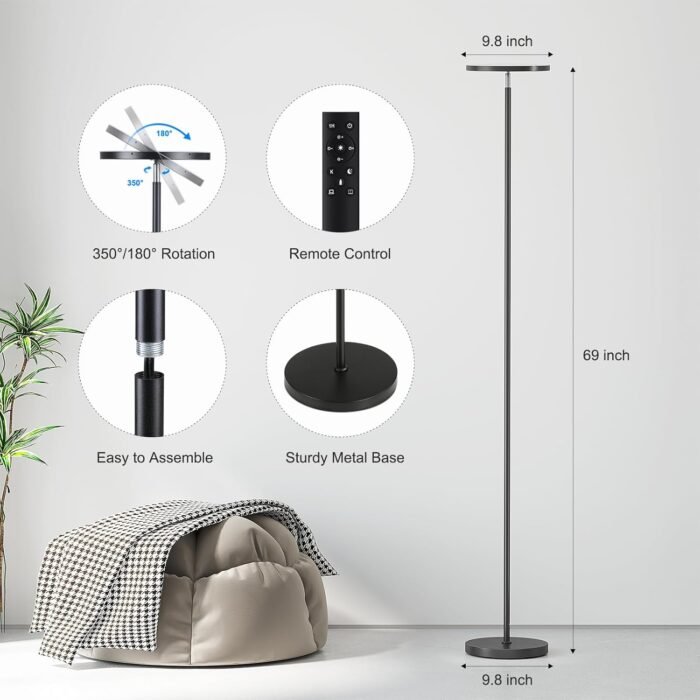 SUNMORY Floor Lamps for Living Room, 32W/3000LM Super Bright LED Floor Lamp with Remote Control, 69" Tall Standing Lamp with Stepless Dimmable, Modern Torchiere Corner Lamp for Bedroom, Office - Image 3