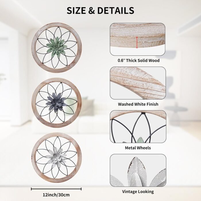 Paquesta 3 Piece Round Farmhouse Wall Decor with 6 Piece Interchangeable Flowers 12'' Medallion Wood & Metal Rustic Wall Art for Living Room Bedroom Kitchen Bathroom Dining Room Home Decorations - Image 2