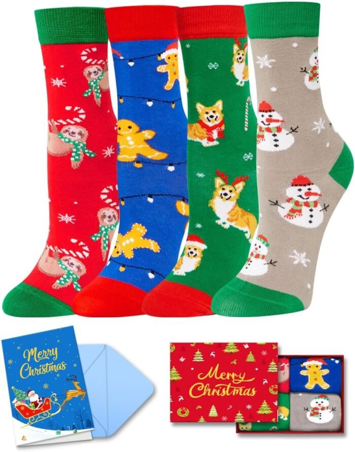 HAPPYPOP Christmas Gifts Stocking Socks for Mom Dad - Secret Santa Socks Xmas Stocking with Greeting Card for Teen Boys Girls, Christmas Stocking 4 Pack