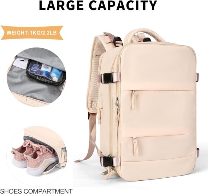 coowoz Large Travel Backpack For Women Men,Carry On Backpack,Hiking Backpack Waterproof Outdoor Sports Rucksack Casual Daypack Travel Essentials（Beige） - Image 3