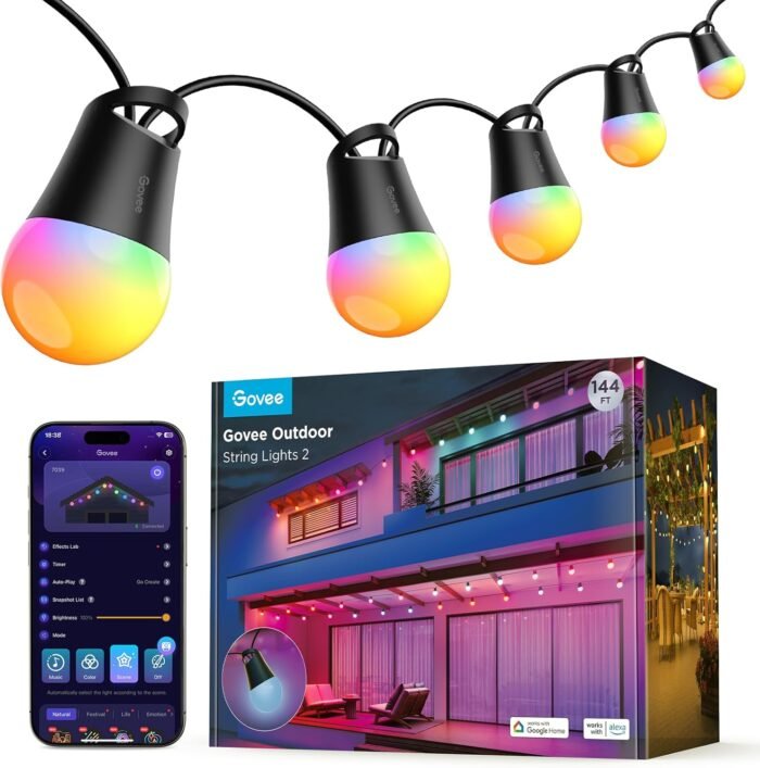 Govee Smart Outdoor String Lights 2, 144ft RGBIC Outdoor Lights with Dimmable Warm White LED Bulbs for Christmas, 47 Scene Modes for Patio, Backyard, IP65 Waterproof, Works with Alexa, App Control