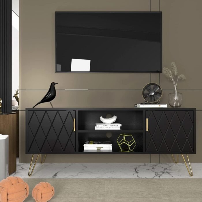 Anbuy Entertainment Center Black Media Console Wood TV Console Media Cabinet with 2 Storage Cabinet and Shelves Home TV Stand for Living Room Support TV up to 65 inch Wood TV Cabinet (Black)