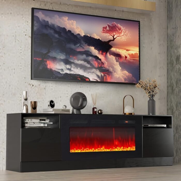 oneinmil Fireplace TV Stand with 36" Electric Fireplace, LED Light Entertainment Center, Modern Wood Texture Entertainment Stand with Highlight Storage Cabinet for TVs Up to 80", 70 inches, Black - Image 7