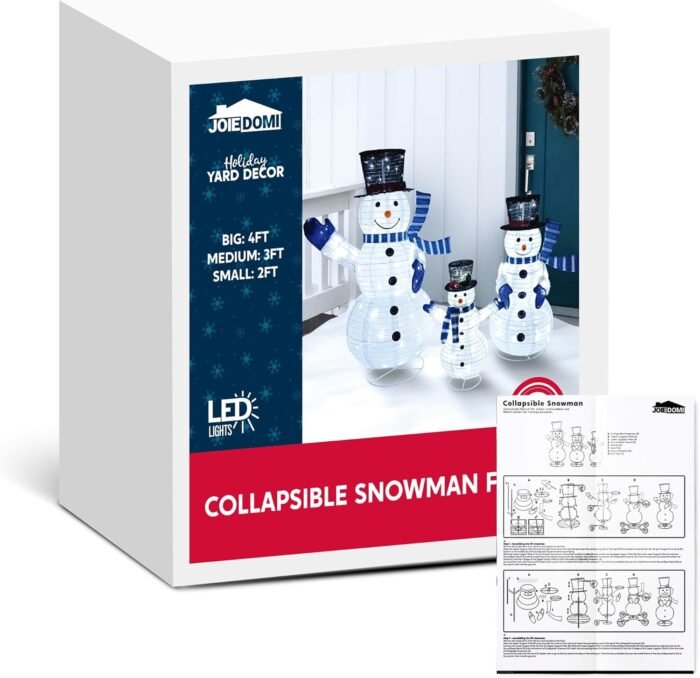 JOIEDOMI 3 Pcs 3D Christmas Collapsible Snowman Yard Light 270 Pre-Lit LED Cool White Lights for Indoor Outdoor Garden Holiday Décor, Christmas Event Decoration, Christmas Eve Night, Blue Scarf - Image 7
