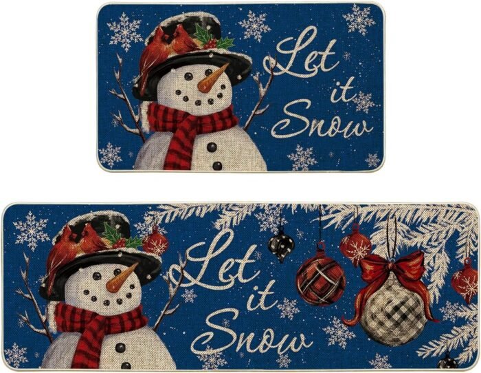 Artoid Mode Blue Let It Snow Snowflake Snowman Winter Kitchen Mats Set of 2, Christmas Decor Low-Profile Kitchen Rugs for Floor - 17x29 and 17x47 Inch