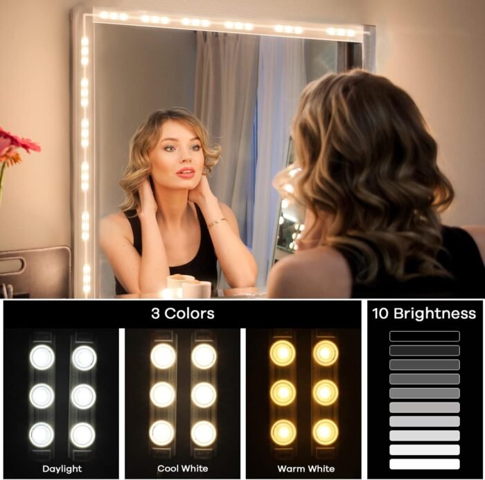 Consciot LED Vanity Lights for Mirror, Hollywood Style Mirror Strip, Adjustable Color & Brightness, USB Cable, Dimmable Makeup Stick on Table Dressing Room Mirror,White - Image 2