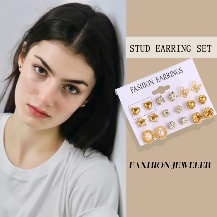 45 Pairs Gold hoop Earring Set for Women, Fashion Stud Pearl Earrings Multipack, Hypoallergenic Twisted Heart Earring Pack, Gold Hoops Earrings for Party Jewelry with Gift Bag - Image 5