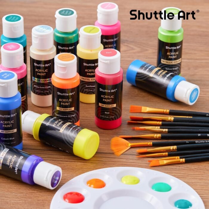 Shuttle Art 100 Colors Acrylic Paint, 2oz/60ml Bottles, Include 2 Sets of 12 Paint Brushes, 1 Art Sponge & Palette, Premium Acrylic Paint Set for Artists, Beginners & Kids on Canvas Rocks Wood Ceramic - Image 9