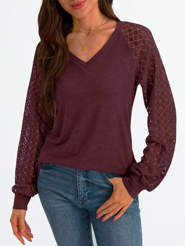 AUTOMET Womens Long Sleeve Shirts V-Neck Lace Tops Business Casual Blouses Tee Trendy 2024 Fall Fashion Outfits Clothes - Image 2