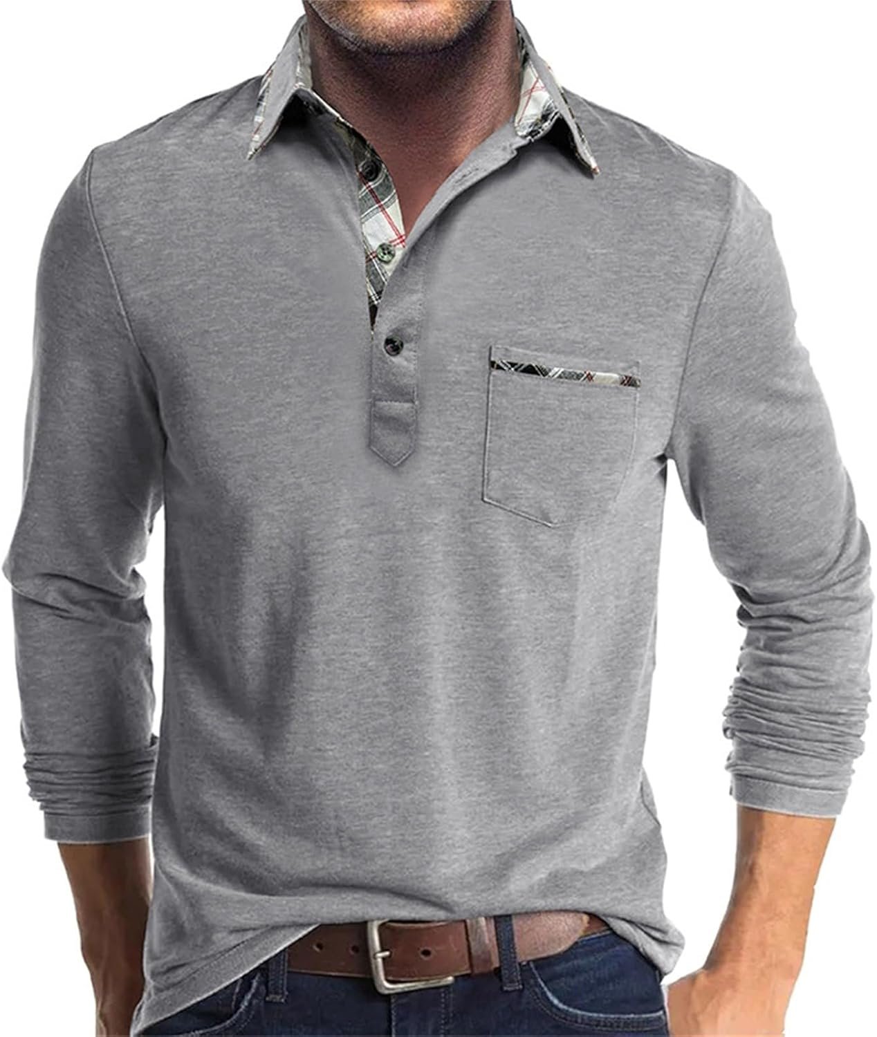 Mens Long Sleeve Polo Shirts Flip Collar Golf Tops Button V Neck Solid Color T Shirts Casual Cotton Tees with Pocket