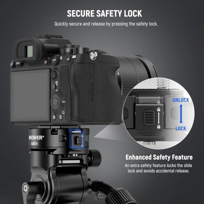 Neewer GM34 Camera Quick Release Plate Kit, Quick Switch Auto Lock Square QR Mount Plate with Arca Type Clamp Base, Compatible with Arca Swiss Peak Design Capture V3 Camera Clip, Max Load 11lb/5kg - Image 4
