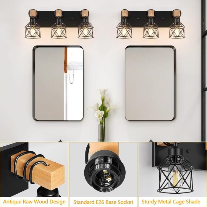 FadimiKoo 3-Light Farmhouse Vanity Light for Bathroom, Wood Bathroom Light Fixtures Over Mirror, Industrial Black Vanity Light with Metal Lampshade for Bedroom Hallway Living Room - Image 3