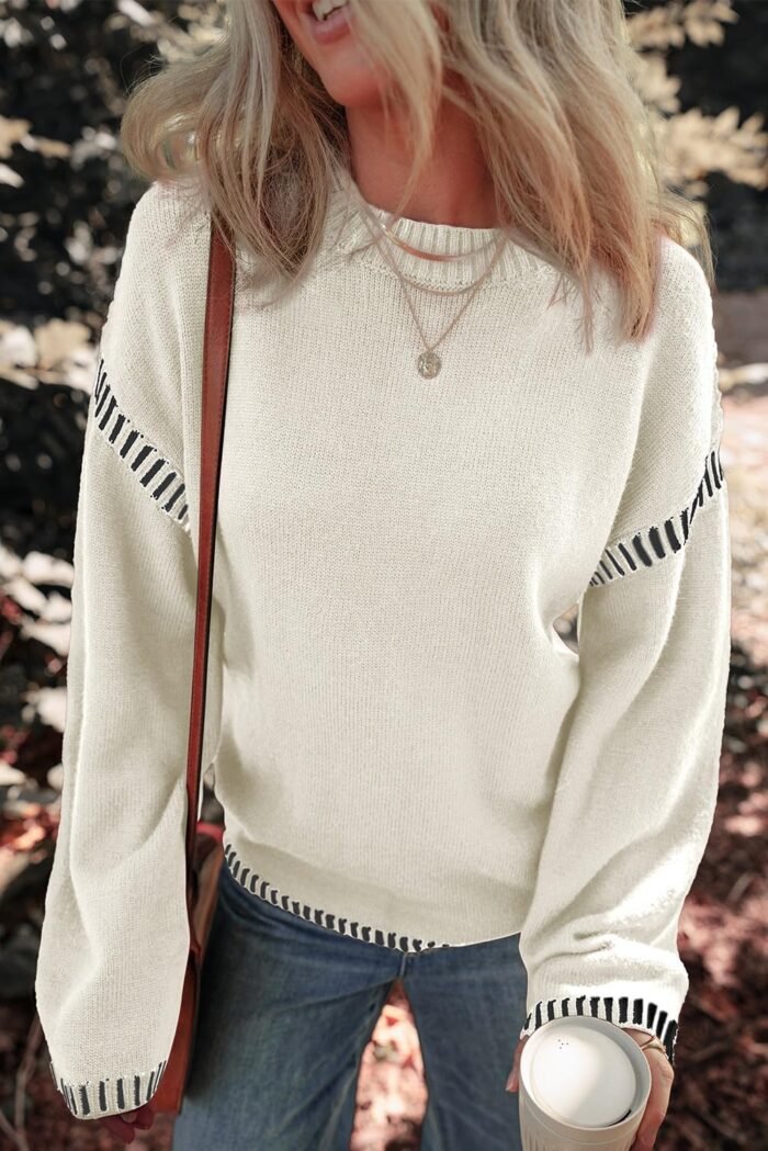 Dokotoo Sweaters for Women Fashion Solid Crewneck Loose Fit Long Sleeve Contrast Cable Knit Pullover Sweater Jumper Tops - Image 8