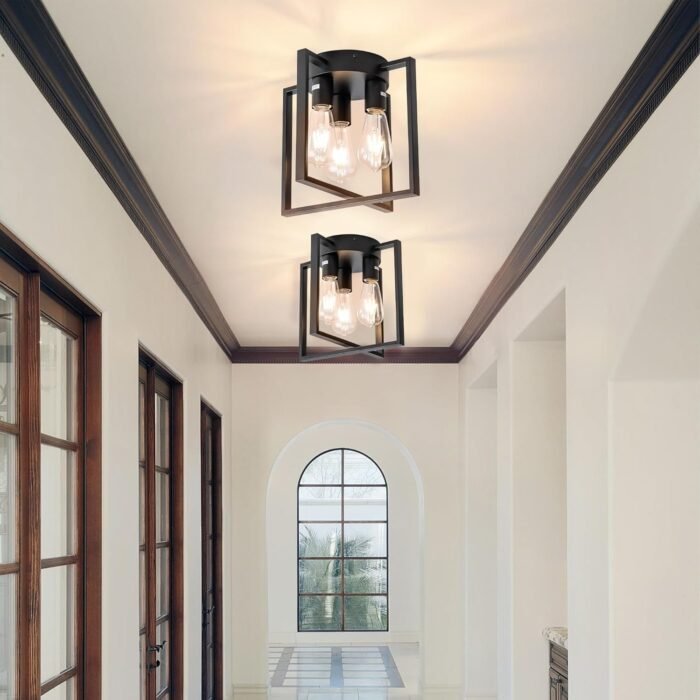 3-Light Ceiling Light Fixture, Semi-Flush Mount Light with Contemporary Geometric Metal Cage, Farmhouse Industrial Lighting for Kitchen Living Room Bedroom Hallway Foyer, E26 Black - Image 5