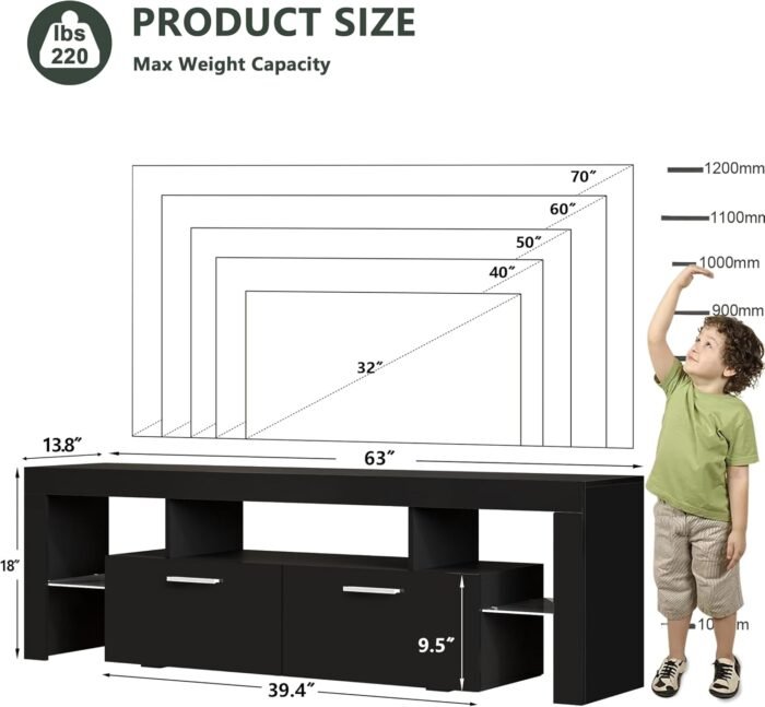 Clikuutory Modern LED 63 inch Long TV Stand with Large Storage Drawer for 50 55 60 65 70 75 Inch TVs, Black Wood TV Console with High Glossy Entertainment Center for Living Room, Bedroom, Black - Image 6
