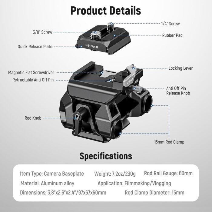 NEEWER 15mm LWS Baseplate with Arca Type QR Plate & Base, 15mm Rod Clamps, Retractable Anti Off Pin Compatible with DJI Compatible with SmallRig Shoulder Rig, SR015 - Image 2