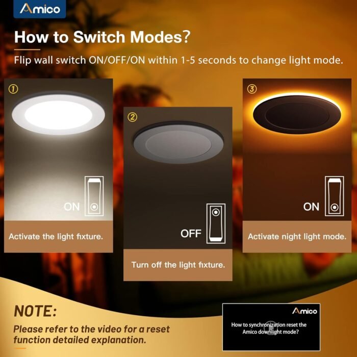 Amico 12 Pack 6 Inch 5CCT LED Recessed Ceiling Light with Night Light, 2700K/3000K/3500K/4000K/5000K Selectable Ultra-Thin Lighting, 12W=110W, 1100LM, Dimmable Canless Wafer Downlight ETL&FCC - Image 3