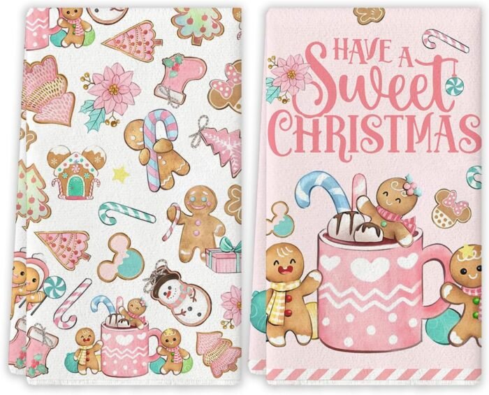 Pink Gingerbread Christmas Kitchen Towels Gingerbread Mouse Christmas Dish Towels Candy Cane Gingerbread Man New Year Xmas Kitchen Decor Christmas Decorations for Home Party