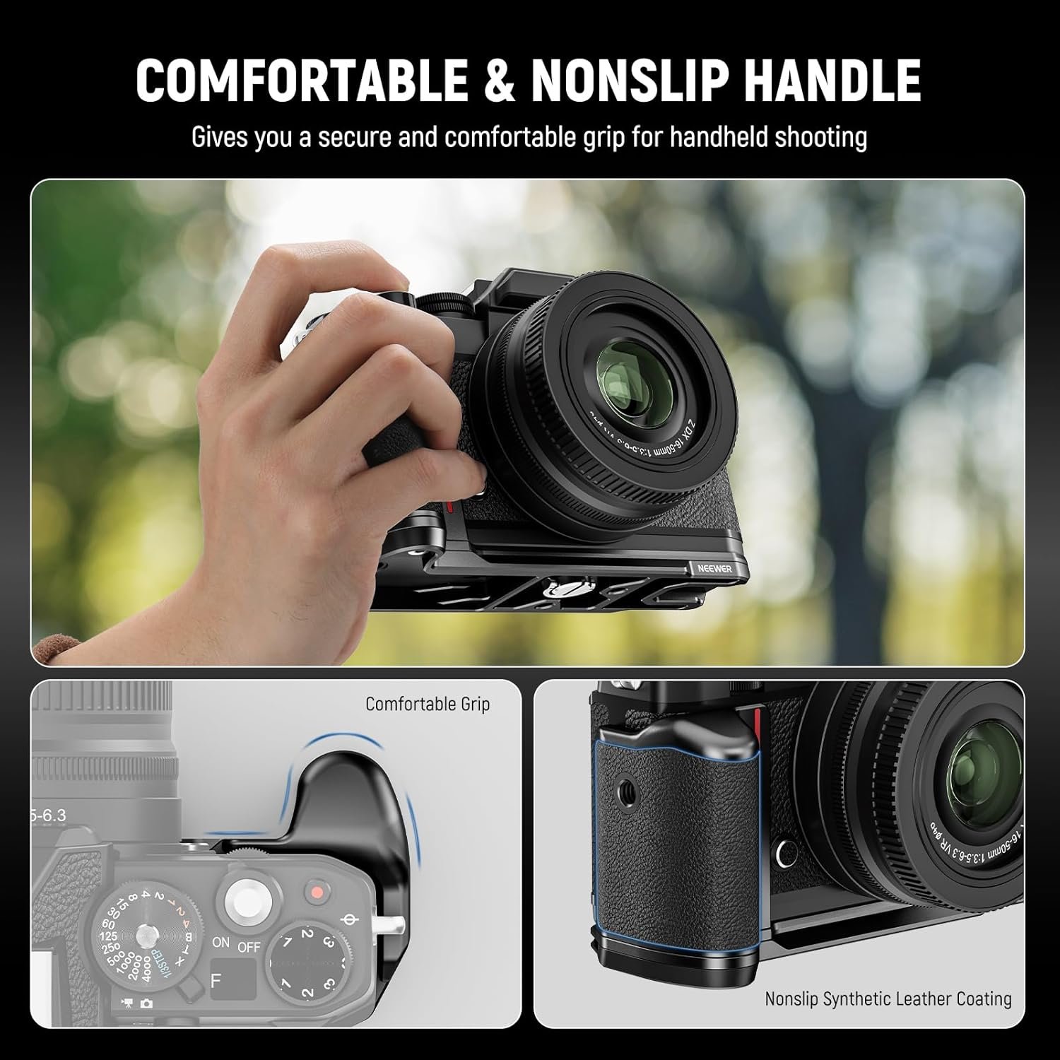 NEEWER CA076 Zfc Handgrip L Shape Grip for Nikon Z fc, Ultra Thin Retro Formfitting Camera Mounting Baseplate with Handle/Brass Shutter Button, Compatible with Arca Swiss Tripod Fluid Head, Black - Image 3