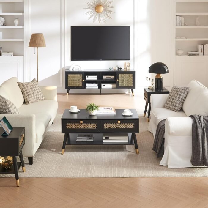 Modern Entertainment Center for TVs up to 75 inches, Boho TV Console with Storage Cabinet and Open Shelf, Black TV Cabinet, Large TV Stand for Living Room, Bedroom, Home Office - Image 6