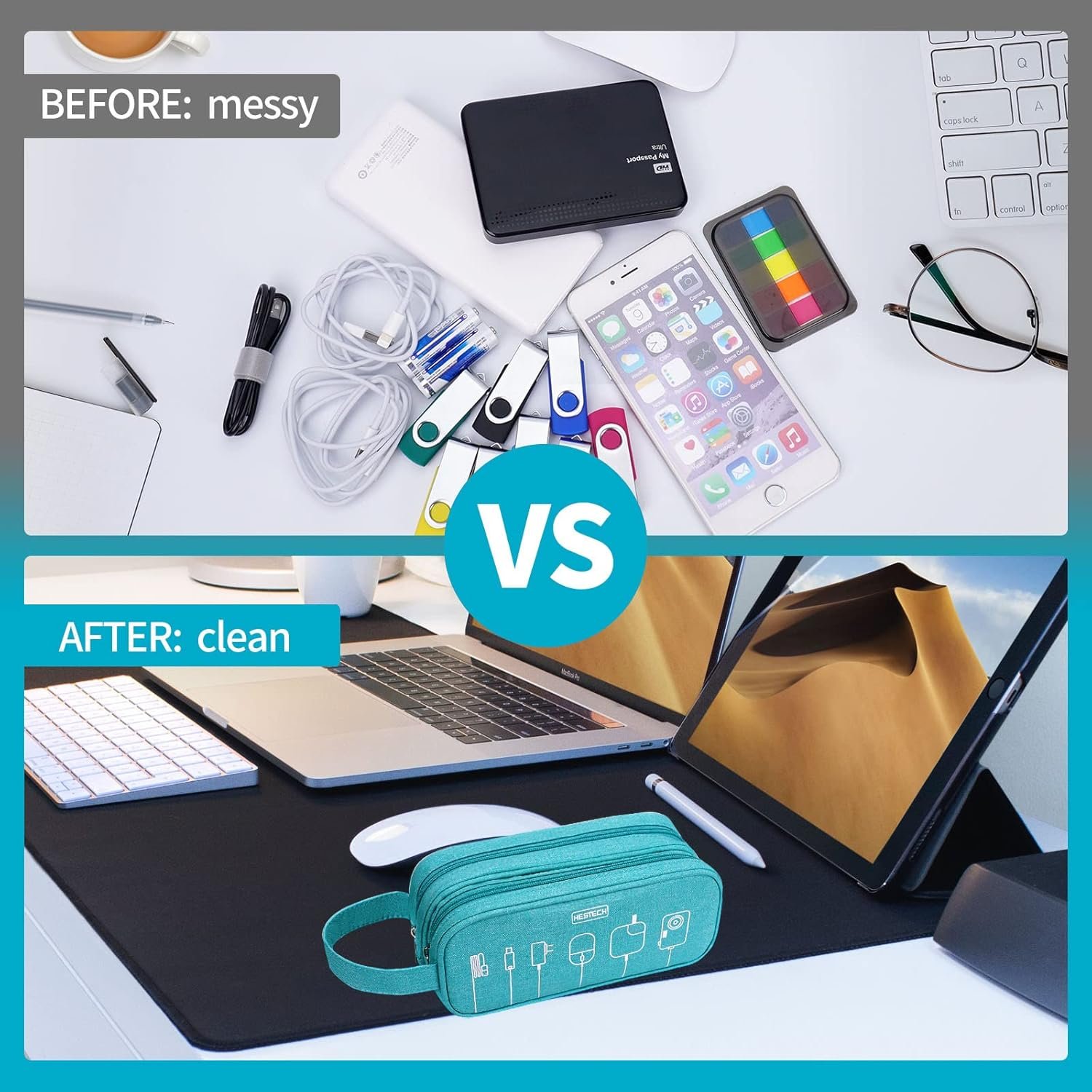 HESTECH Electronics Organizer Travel Charger Case Cord Cable Organizer Bag Portable Waterproof Double Layers All-in-one Storage for Charger Mouse Earbud USB Drive (Teal, Medium) - Image 6