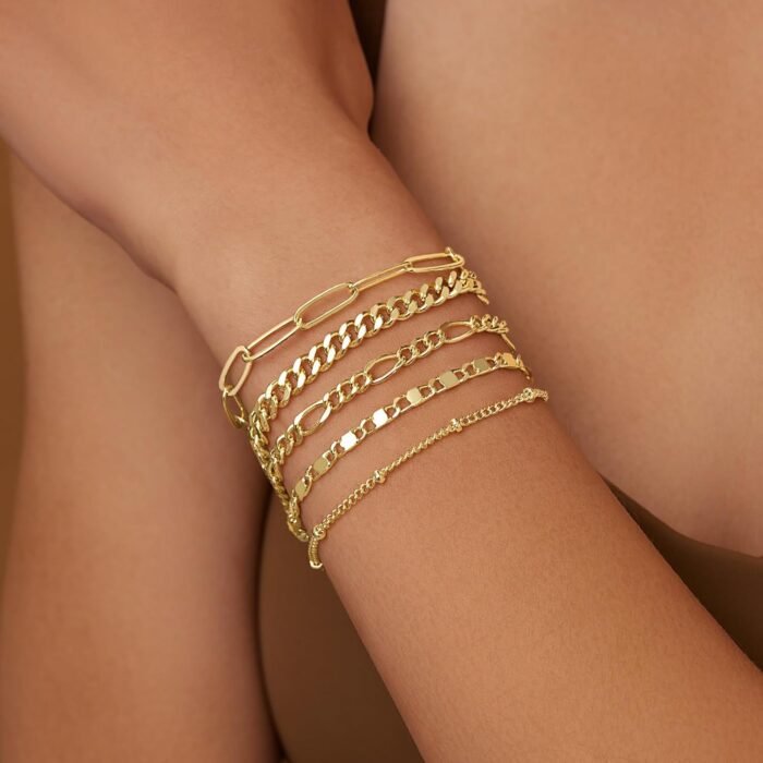 Gold Bracelets Set for Women 14K Real Gold Plated Dainty Gold Link Chain Bracelets for Women Trendy Gold Stackable Cuff Bracelets for Jewelry Gifts Women Adjustable 7"+2" - Image 2