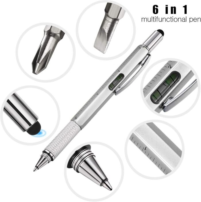 Zhanmai 16 Pieces Gift Pen Tool Pen 6 in 1 Multitool Tool Pen with Ruler, Levelgauge, Ballpoint Pen and Pen Refills, Unique Gifts for Men (Silver) - Image 3