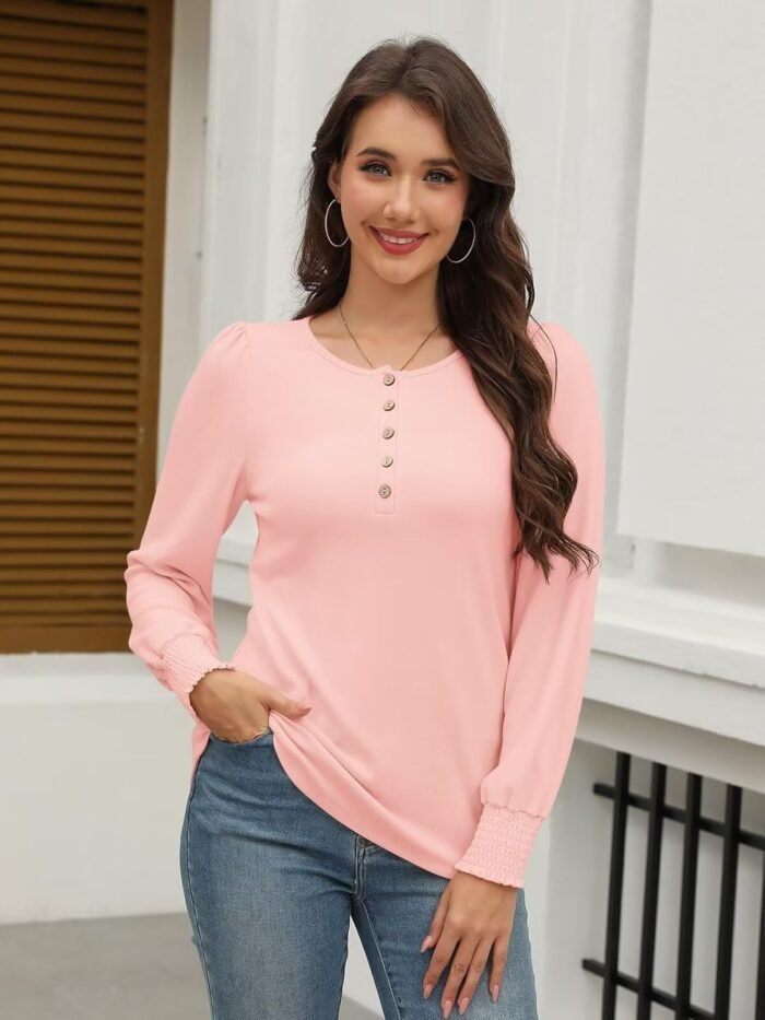 Minetom Women's Long Sleeve Henley Tops Smocked Puff Sleeve Tops Casual Shirts Blouses - Image 2