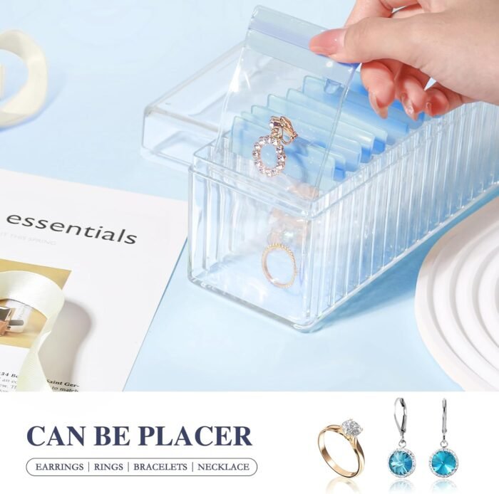 Acrylic Jewelry Box Organizer, Clear Jewelry Organizer Holder with 20 Portable Anti Tarnish Jewelry bags, Travel Jewelry Case for Earrings/Rings/Necklaces for Women Girls, Blue - Image 3