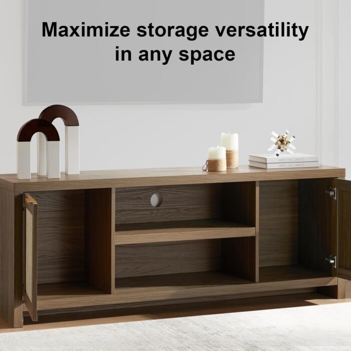 Hampstead TV Stand for Living Room, Modern Entertainment Center for 65 inch TV, 2 Rattan Doors Cabinet Media Console, TV Console Table with Soft Hinge Door and Handle (Special Walnut) - Image 5