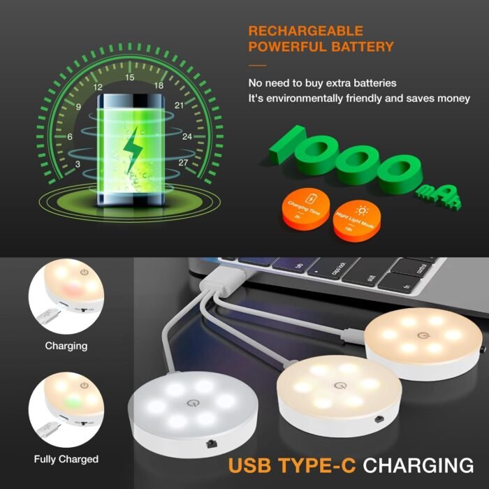 Wireless LED Puck Light with Remote,3 Color Temperatures Dimmable Under Cabinet, Closet Light, Rechargeable Under Counter Lighting,Stick On Lights for Bar,Hallway, Stairway,Kitchen (3 Pack CCT) - Image 3