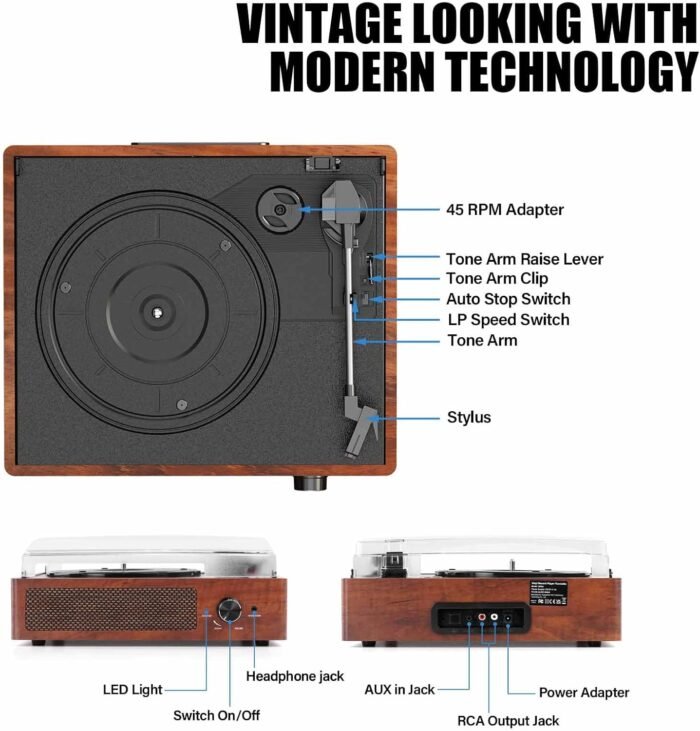 Vinyl Record Player Turntable with Built-in Bluetooth Receiver & 2 Stereo Speakers, 3 Speed 3 Size Portable Retro Record Player for Entertainment and Home Decoration(Orange) - Image 2