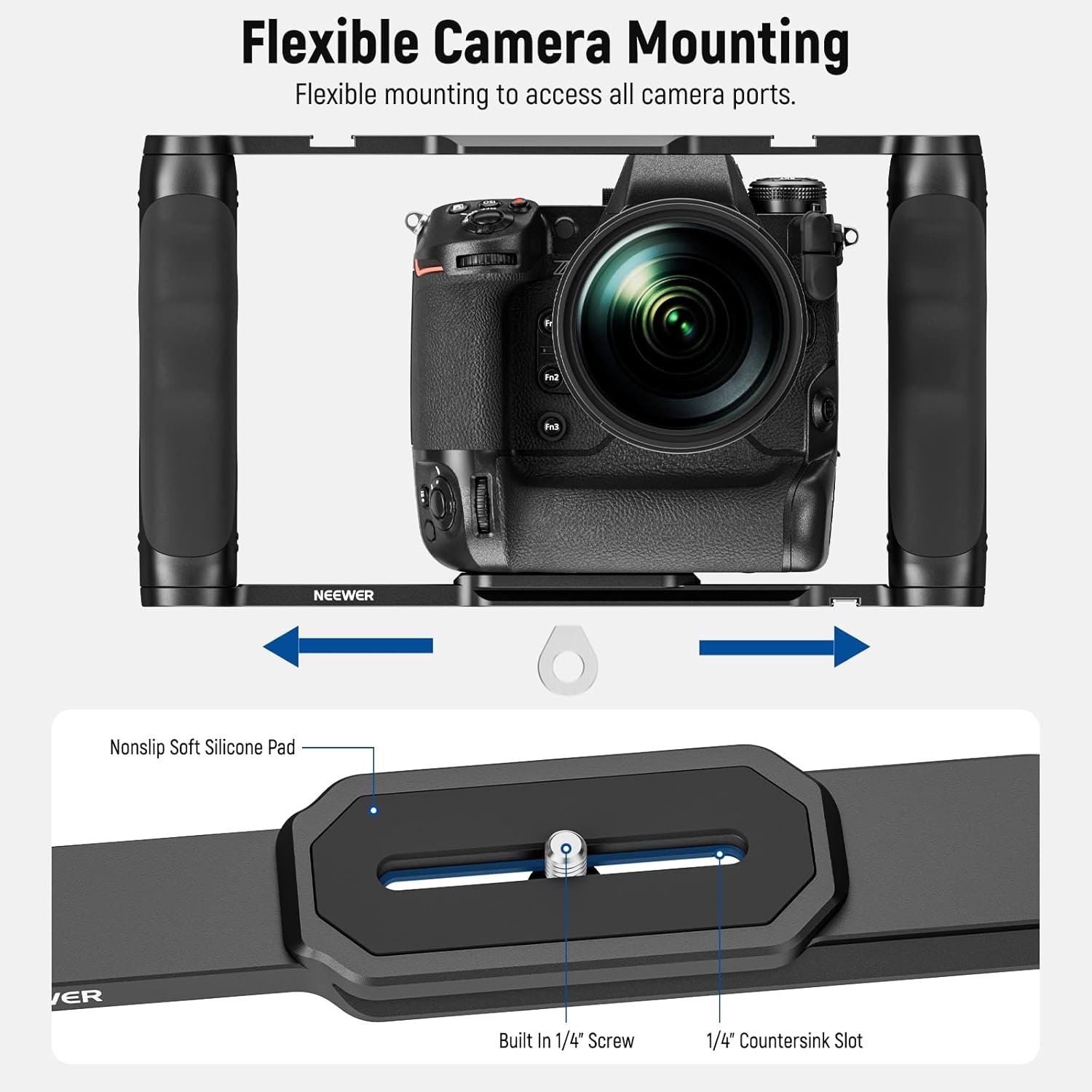 NEEWER Video Camera Cage Rig with Arca Type Base/Dual Grips/Expansion Holes/15mm Rods, Universal Stabilizer Compatible with Sony Canon Nikon DSLR/DSLM, Compatible with SmallRig Accessories, CA016 - Image 4