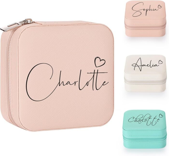 Personalized Jewelry Box for Women, Custom Travel Jewelry Case with Name and Heart, Small Jewelry Organizer for Rings, Earrings, Necklaces, Personalized Gifts for Women