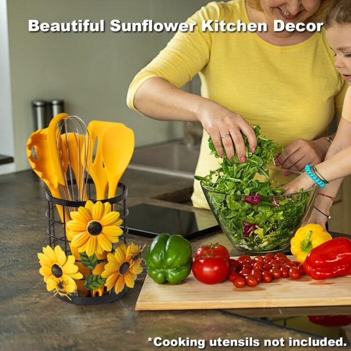 Sunflower Utensil Holder - Sunflower Kitchen Decor and Accessories, Utensil Caddy for Kitchen Countertop Decor, Sunflower Gifts for Women Sunflowers Country Crock Yellow Kitchen Utensils Organizer - Image 2
