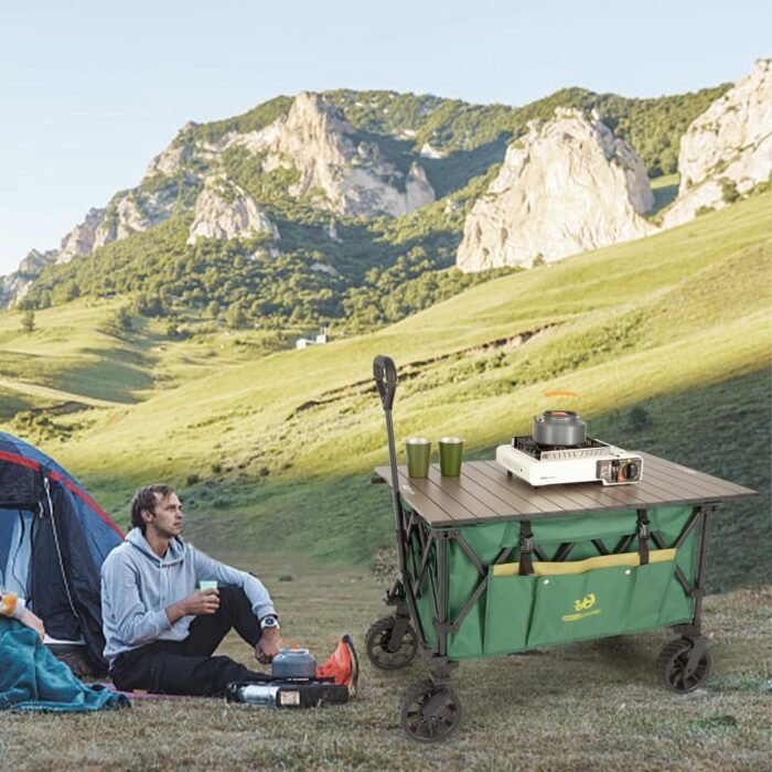 Whitsunday Folding Collapsible Wagon,Camping Large Capacity Heavy Duty Wagon Outdoor Park Beach Wagon Cart with Table Top,Utility Grocery Wagon for Camping Sports Outdoor Shopping Green - Image 7