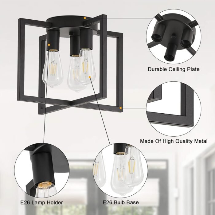 3-Light Ceiling Light Fixture, Black Semi-Flush Mount Chandelier with Geometric Metal Shade, Farmhouse Industrial Lighting for Kitchen Living Room Bedroom Hallway Foyer, E26 Base - Image 3