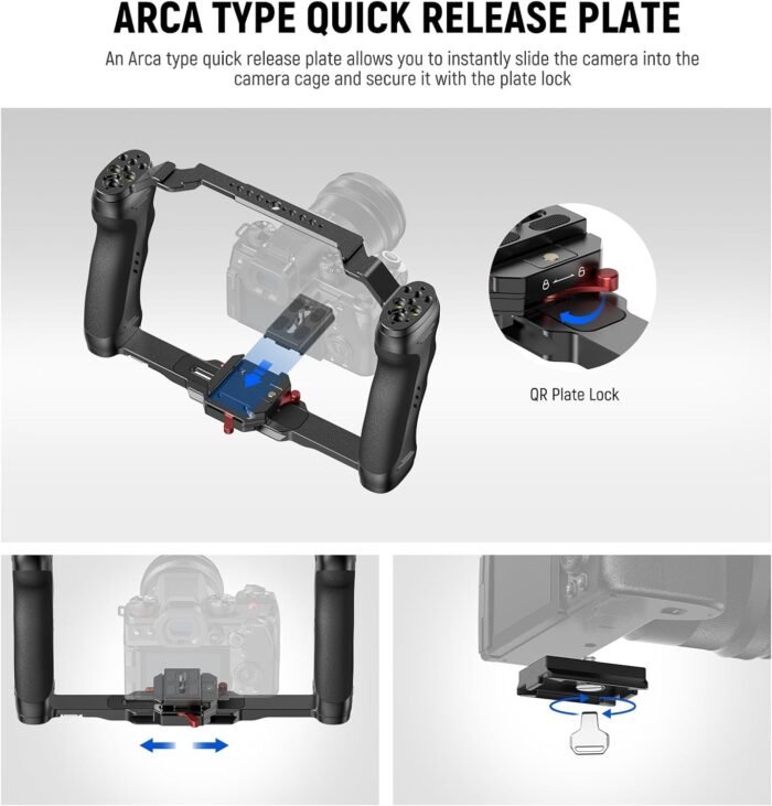 NEEWER Video Camera Cage Rig with Arca Type Quick Release Plate, Dual Grips, 3/8" ARRI & 1/4" Threads, Cold Shoes, Universal Camera Stabilizer Compatible with SmallRig NEEWER Baseplate, CA077 - Image 3