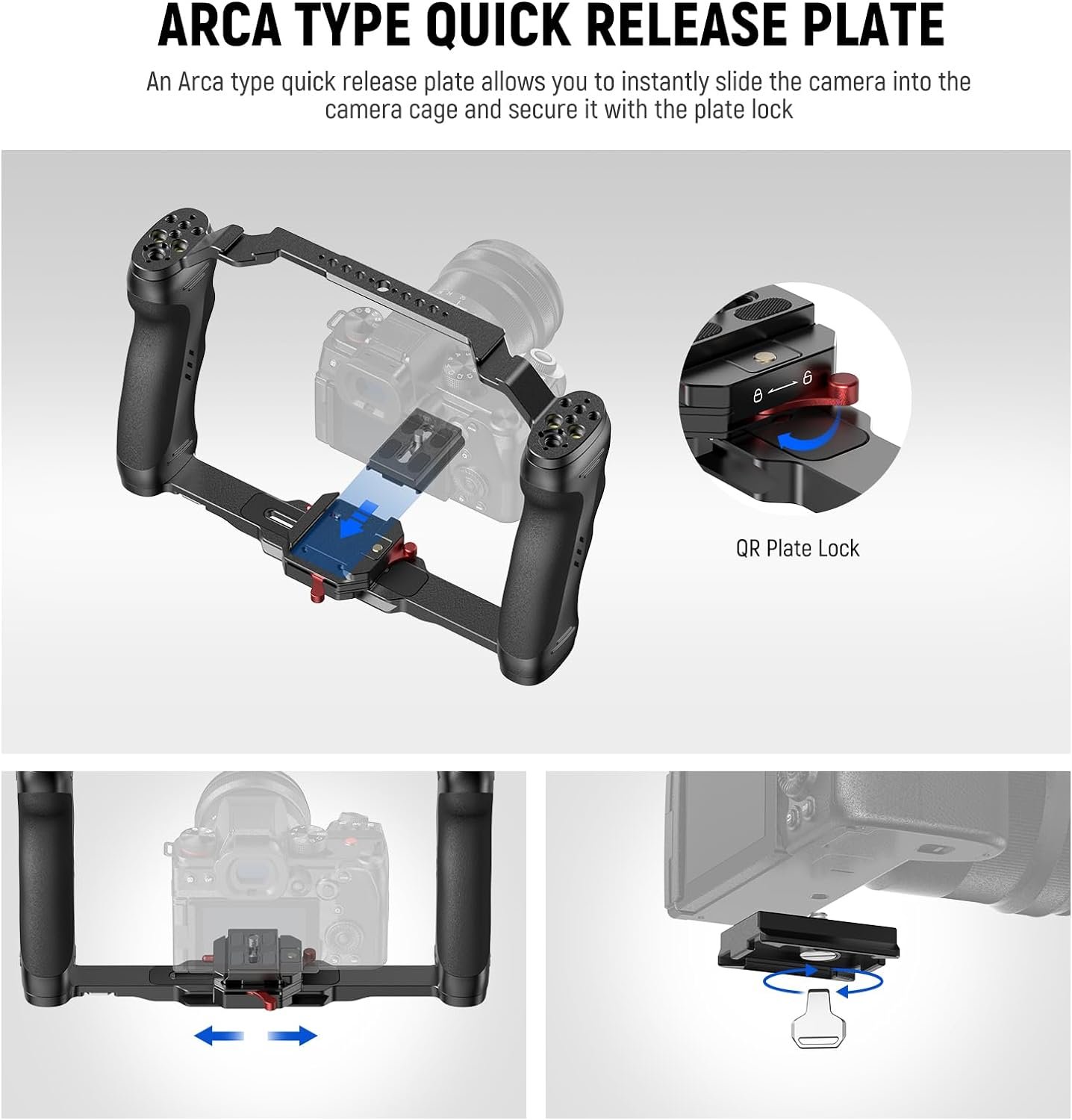 NEEWER Video Camera Cage Rig with Arca Type Quick Release Plate, Dual Grips, 3/8" ARRI & 1/4" Threads, Cold Shoes, Universal Camera Stabilizer Compatible with SmallRig NEEWER Baseplate, CA077 - Image 3