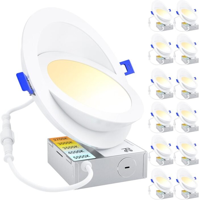 Ensenior 12 Pack 6 inch LED Eyeball Recessed Lighting, 360°+90° Rotatable and 2700K-5000K Selectable, Dimmable Gimbal Recessed Lights, Canless Angled Adjustable Ceiling Downlight, 1300LM, 13W=115W-FCC