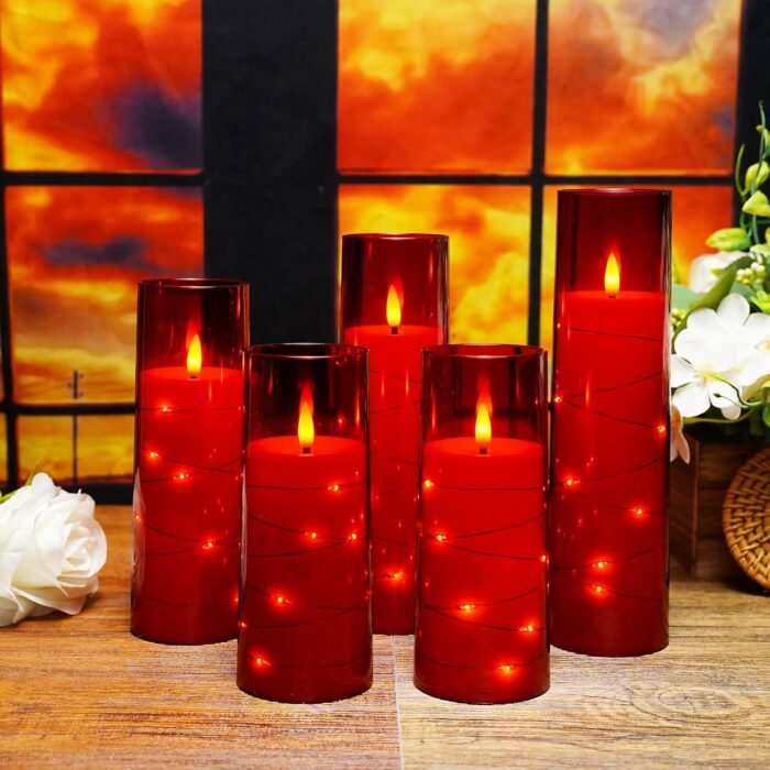 Flameless LED Candles with Timer 5 Pc Flickering Flameless Candles for Romantic Ambiance and Home Decoration Stable Acrylic Shell,with Embedded Star String，Battery Operated Candles（Red） - Image 6