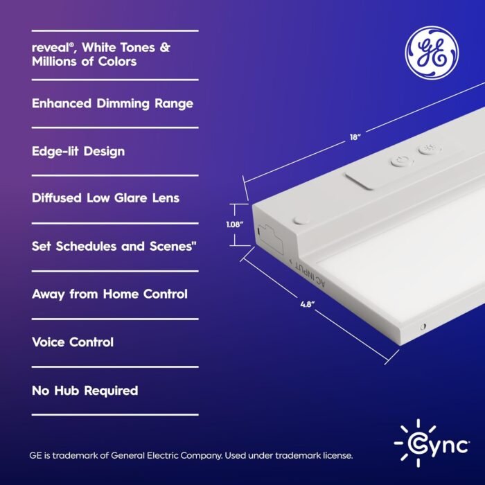 Cync GE Reveal HD+ Smart Undercabinet Light Fixture, Color Changing Undercab Light, Smart Wi-Fi Kitchen Light, Works with Alexa and Google Home, Christmas Gifts for Men, Holiday Gift for Women, 18 in - Image 2