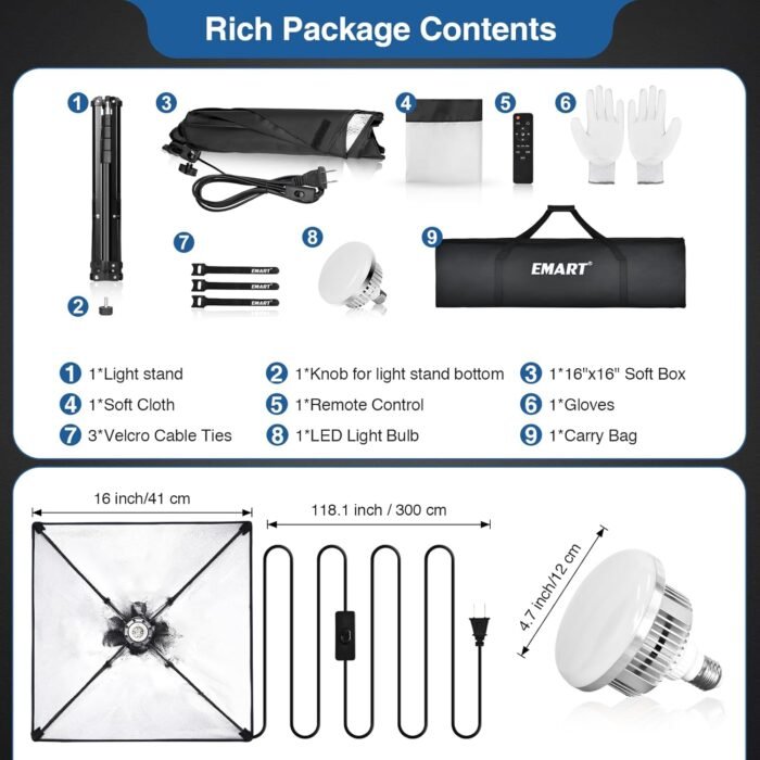 EMART Softbox Lighting Kit, 16"X16" Soft Box | 3000K-6000K 85W LED Bulbs with Remote | 65" Tripod, Professional Softbox Photography Lighting Kit for Studio Lights, Portrait, Video Recording(1PACK) - Image 8